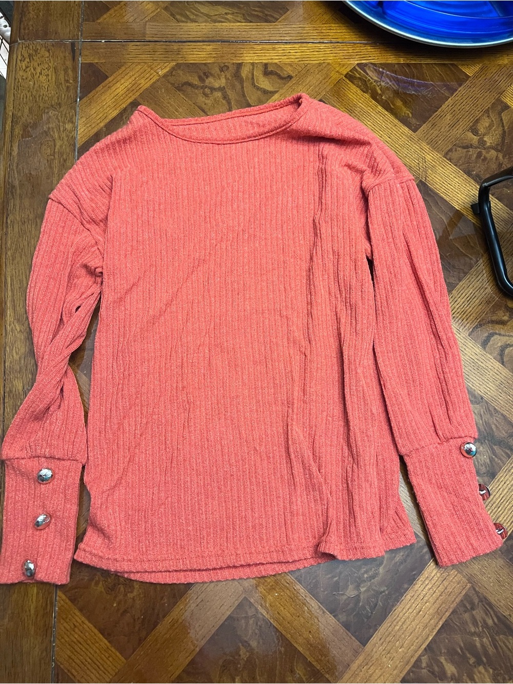 Ribbed Long-Sleeve Top with Button Cuffs - Coral